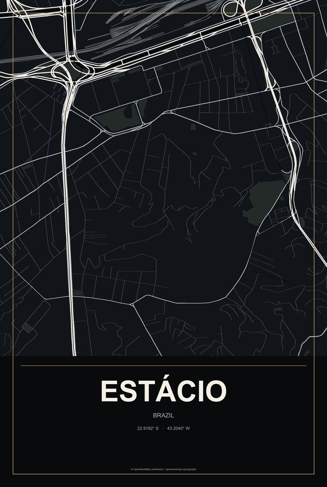 Estácio, Brazil City Map Aluminum Sign in Metropolitan Noir style