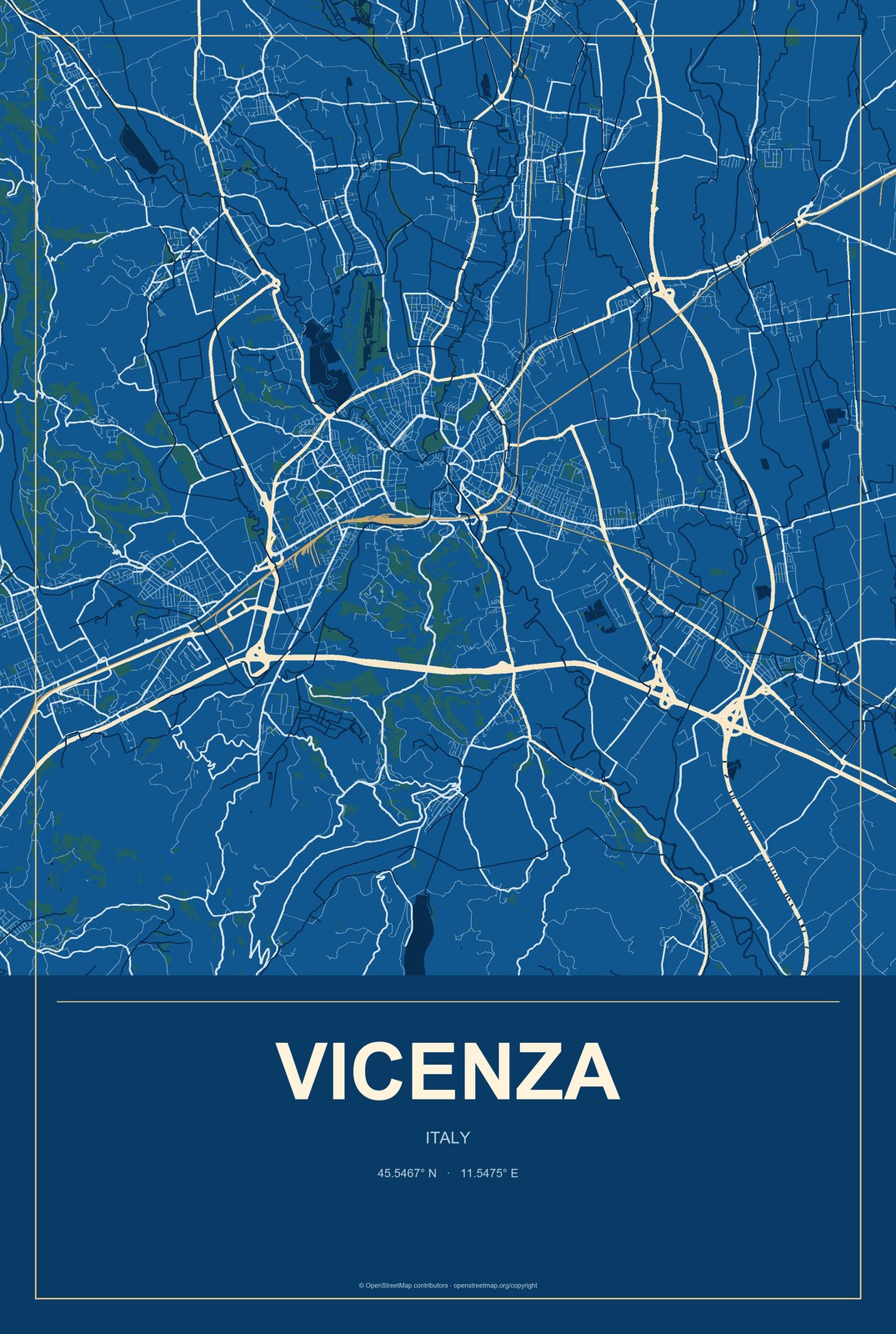 Vicenza, Italy City Map Aluminum Sign in Harbor Cobalt style