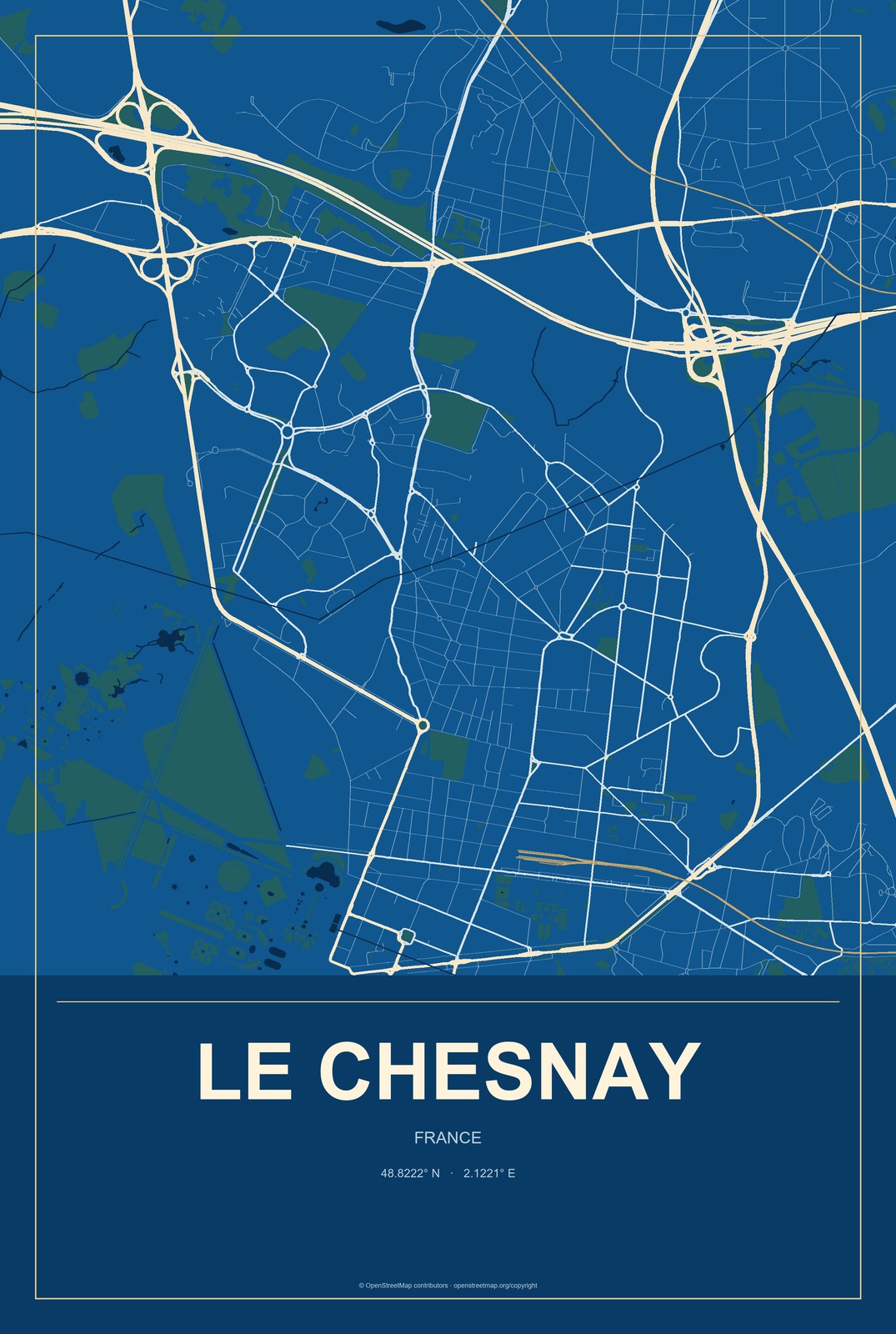 Le Chesnay, France City Map Aluminum Sign in Harbor Cobalt style