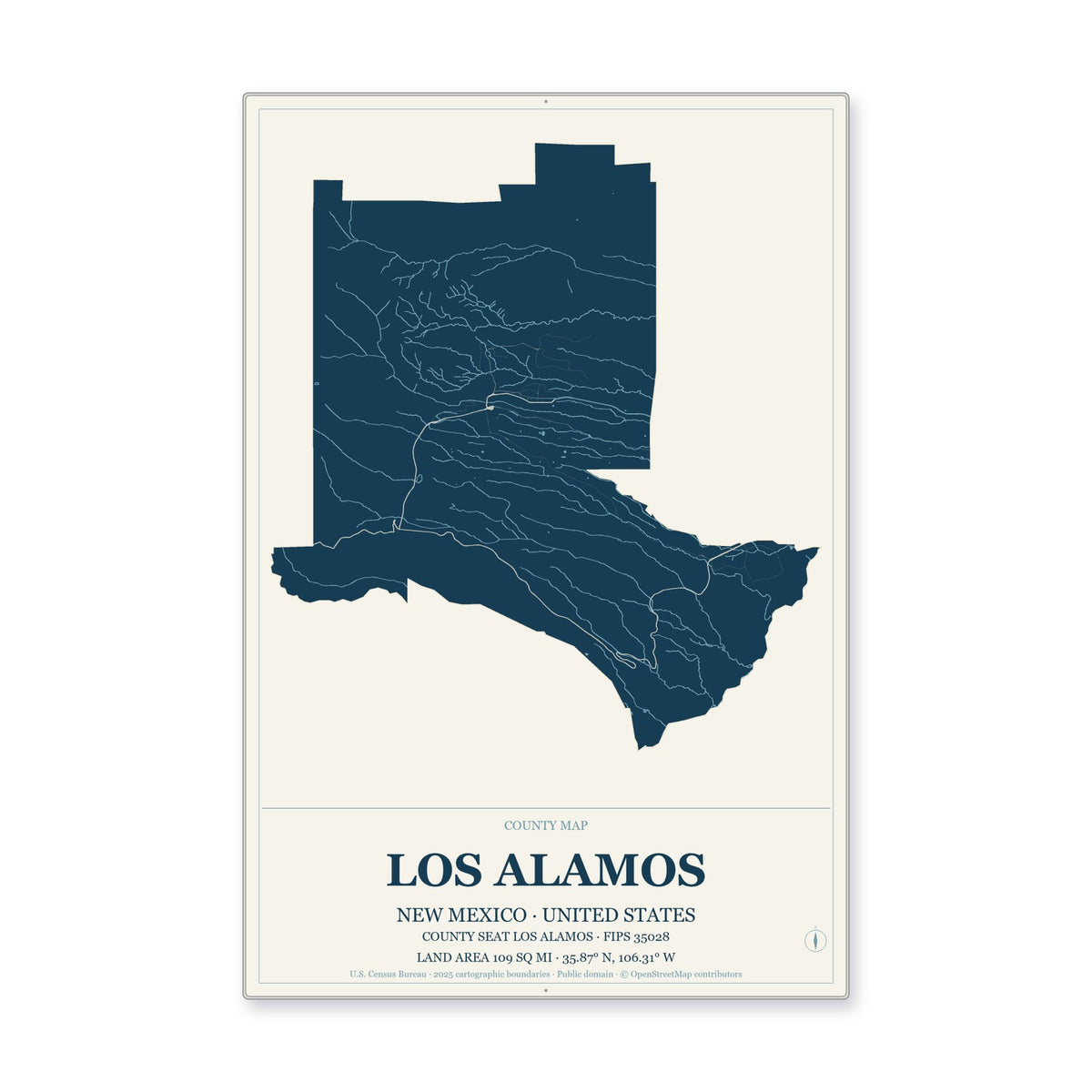 Los Alamos County, New Mexico Map Aluminum Sign in Coastal Cutout style