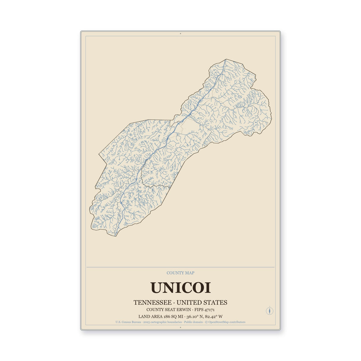 Unicoi County, Tennessee Map Aluminum Sign in Heritage Nautical style