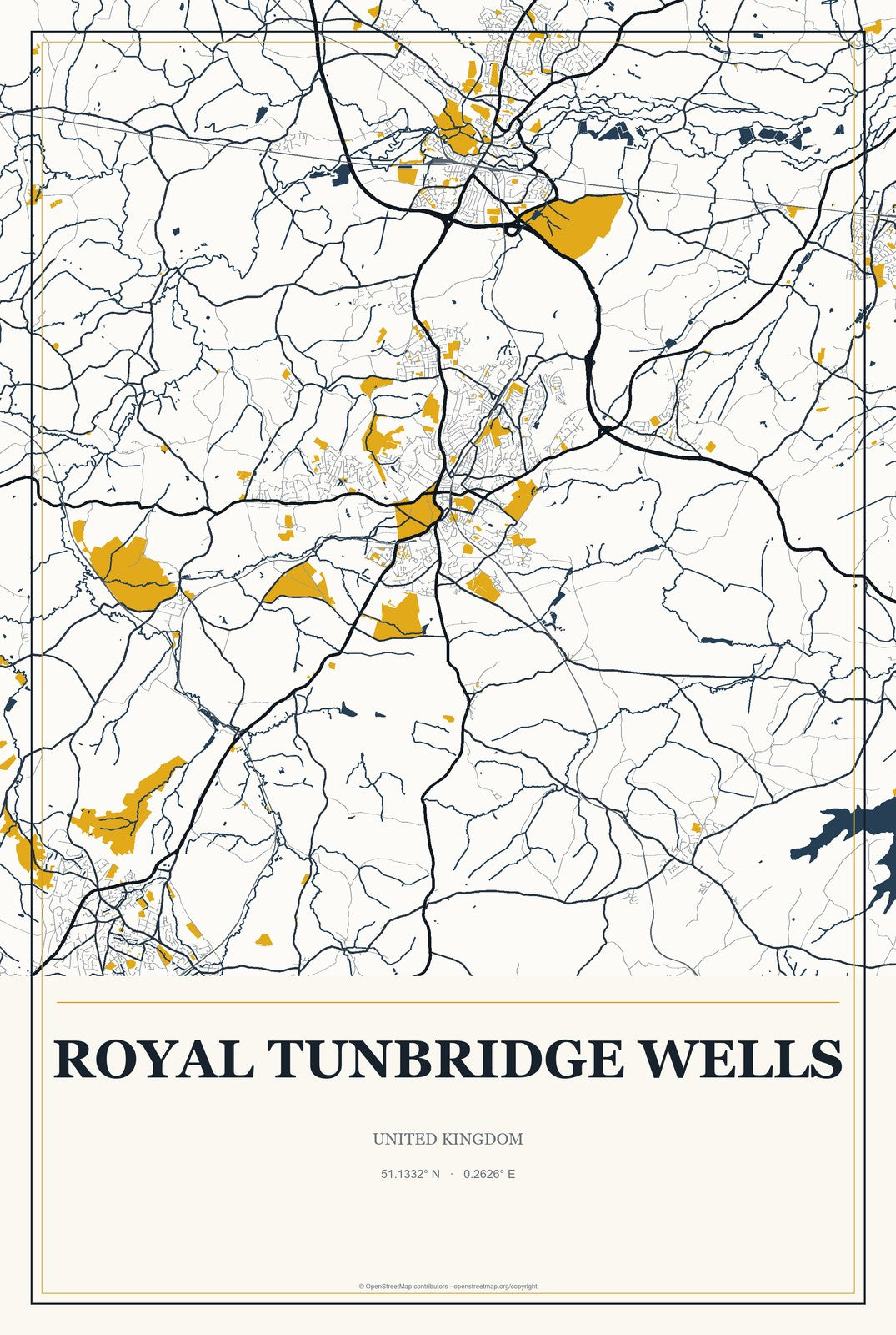Royal Tunbridge Wells, United Kingdom City Map Aluminum Sign in Citrine Modern style