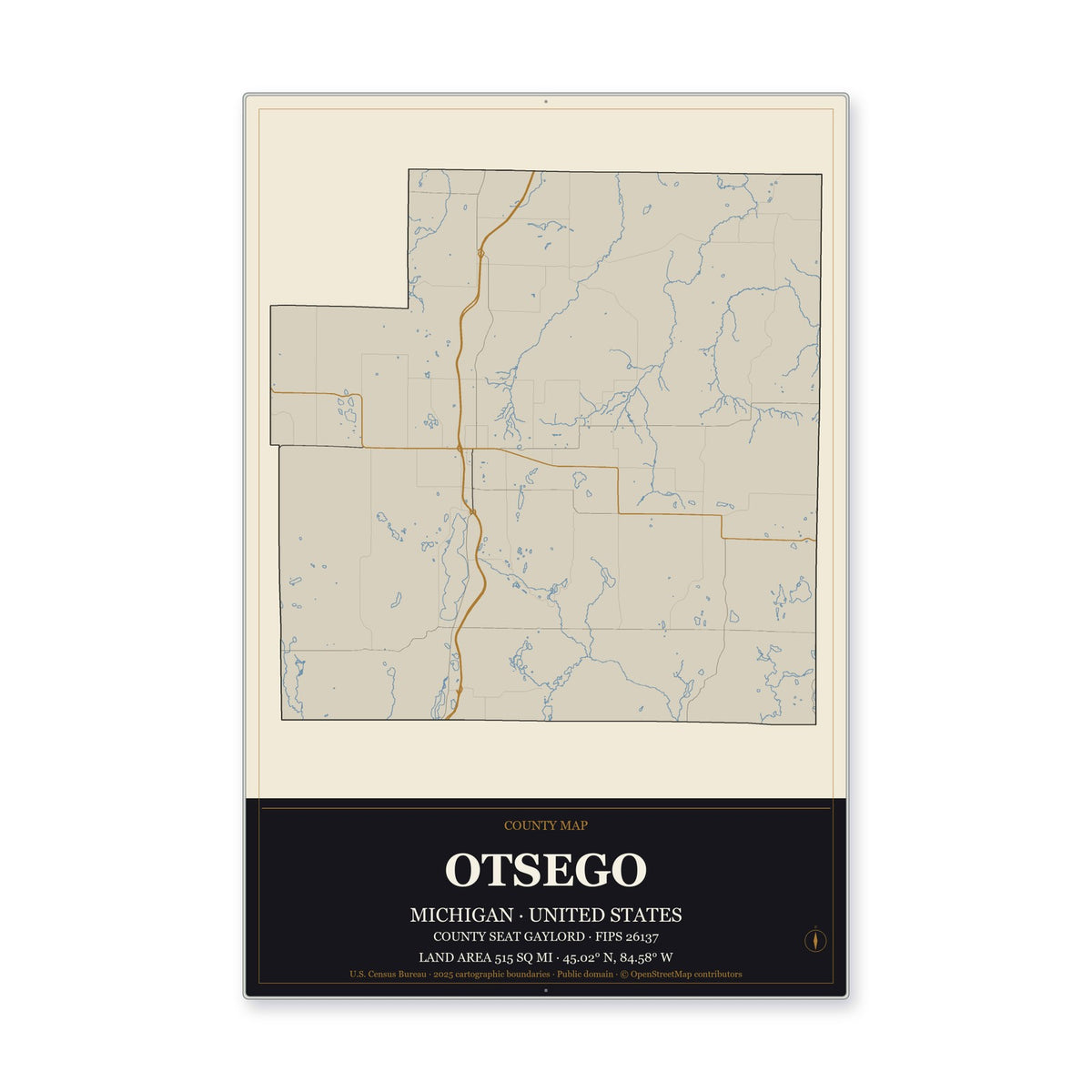 Otsego County, Michigan Map Aluminum Sign in Museum Plaque style