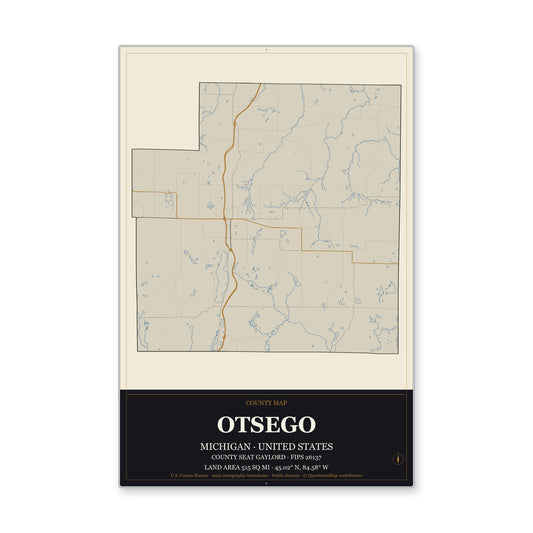Otsego County, Michigan Map Aluminum Sign in Museum Plaque style
