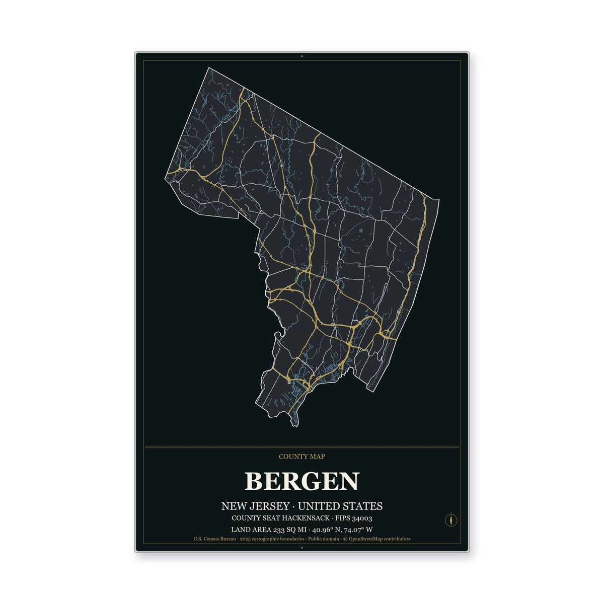 Bergen County, New Jersey Map Aluminum Sign in Metropolitan Noir style