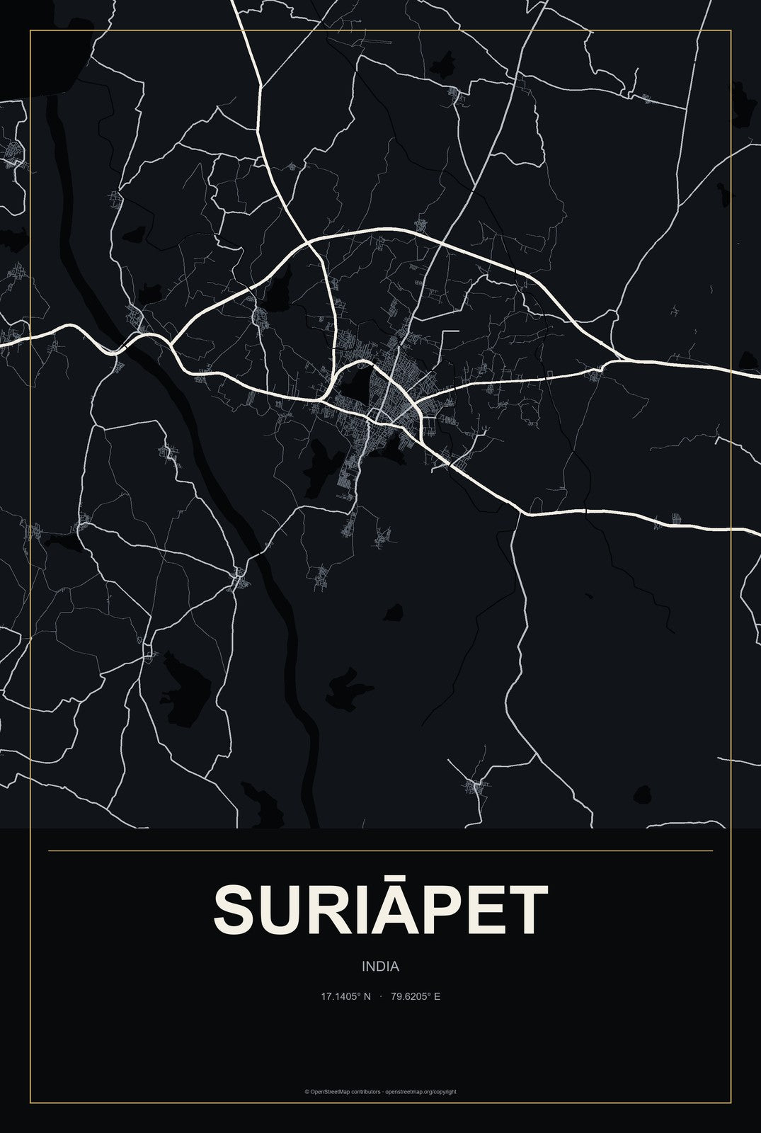 Suriāpet, India City Map Aluminum Sign in Metropolitan Noir style