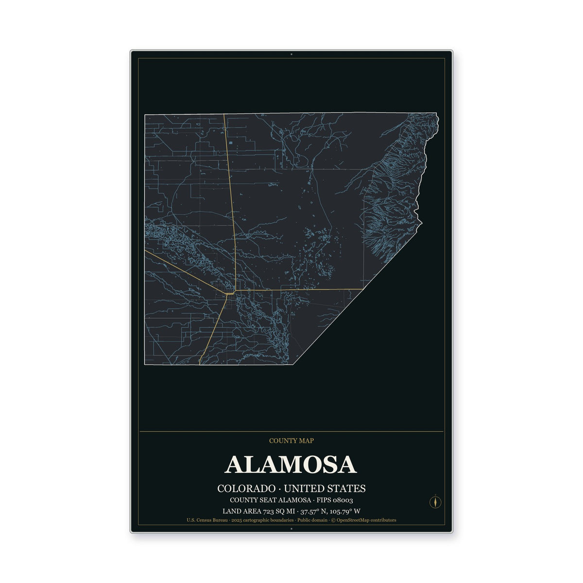 Alamosa County, Colorado Map Aluminum Sign in Metropolitan Noir style
