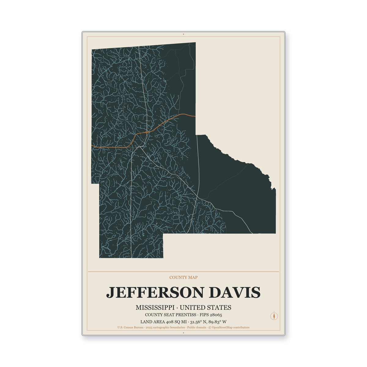 Jefferson Davis County, Mississippi Map Aluminum Sign in Headline Atlas style