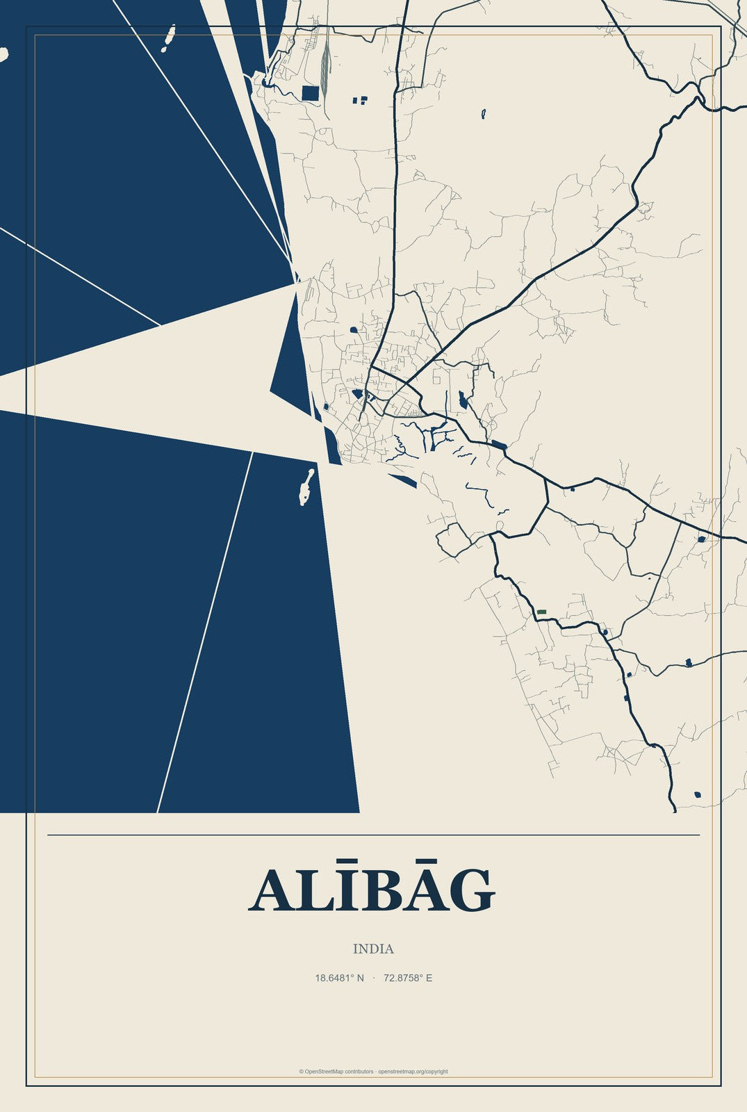 Alībāg, India City Map Aluminum Sign in Coastal Cutout style