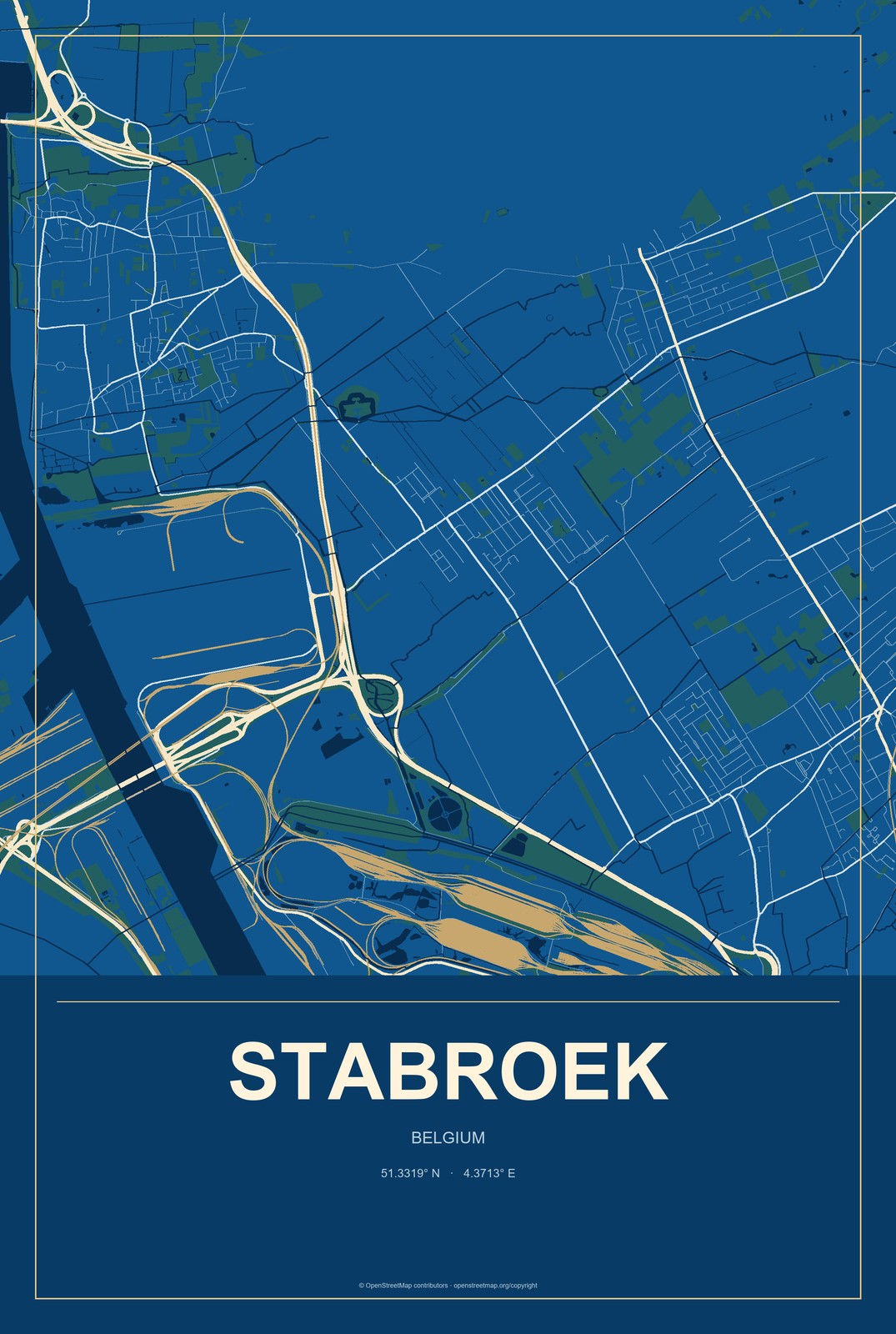 Stabroek, Belgium City Map Aluminum Sign in Harbor Cobalt style