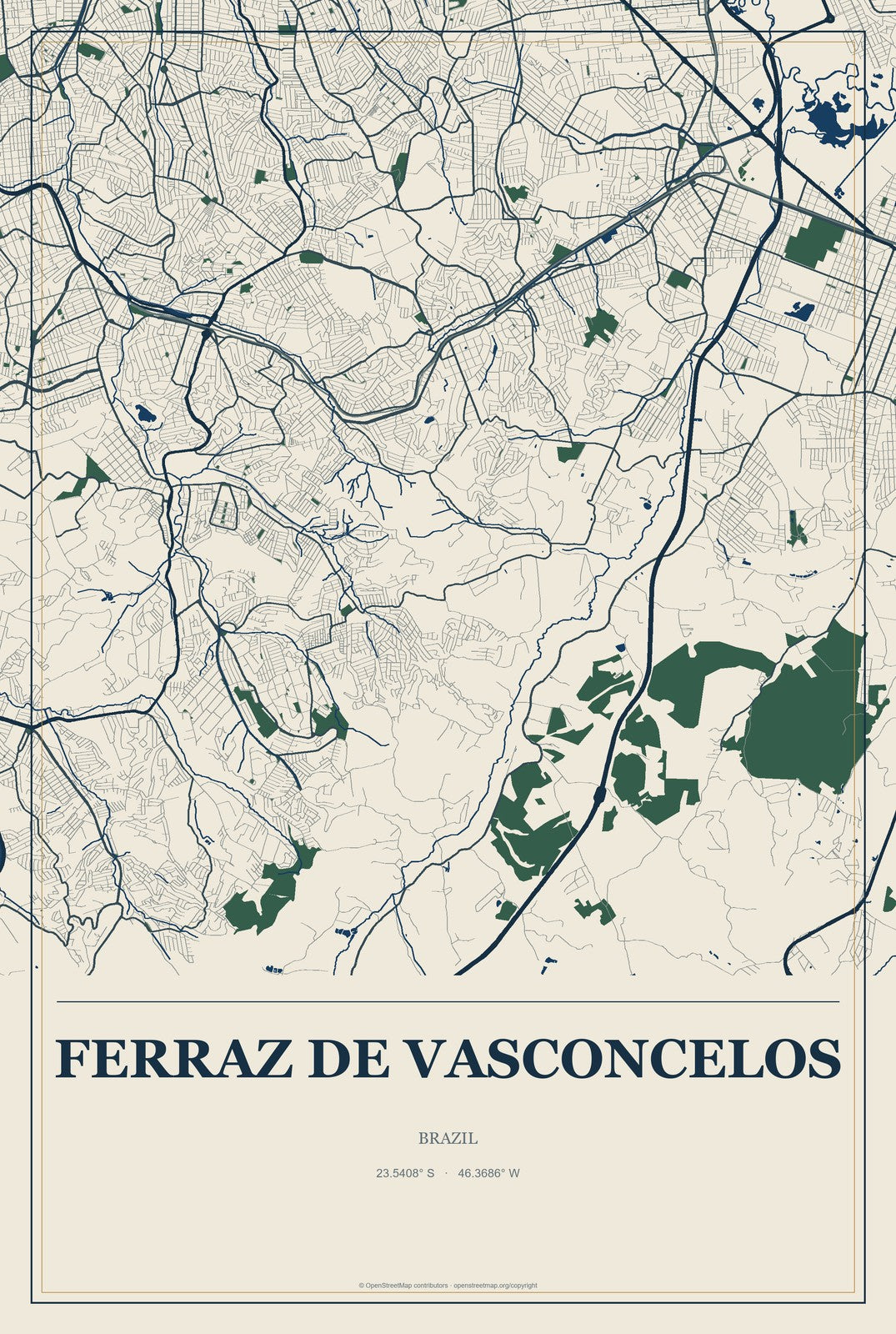 Ferraz de Vasconcelos, Brazil City Map Aluminum Sign in Coastal Cutout style