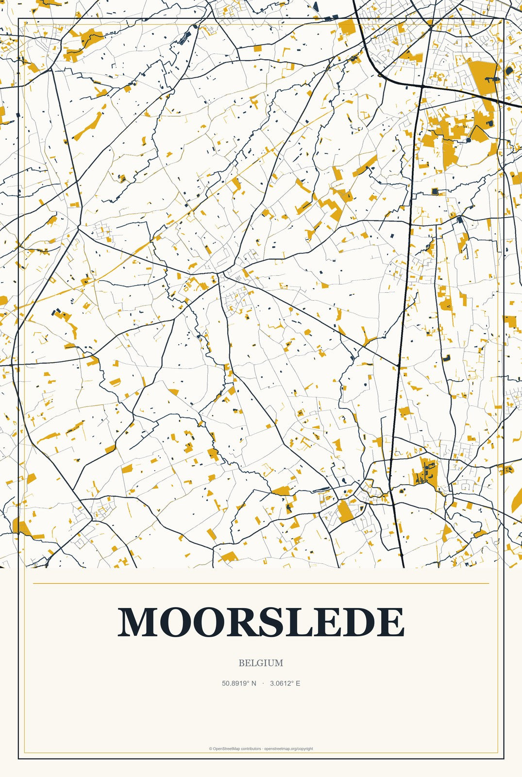Moorslede, Belgium City Map Aluminum Sign in Citrine Modern style