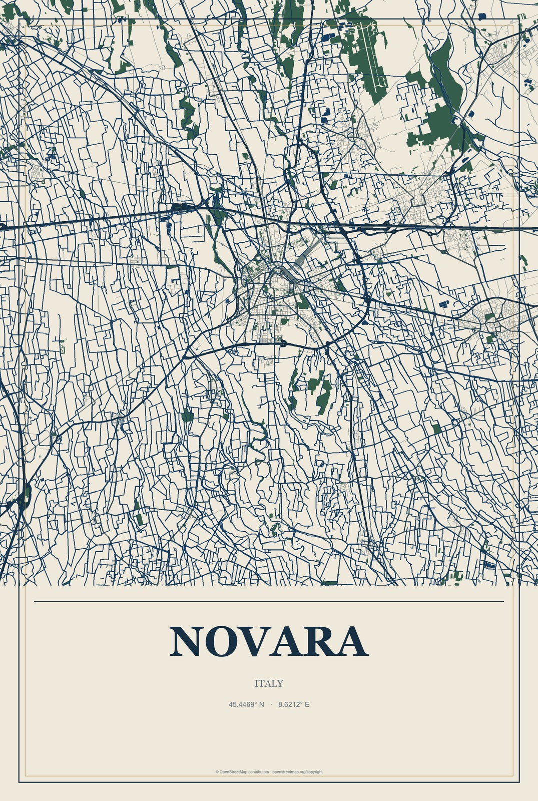 Novara, Italy City Map Aluminum Sign in Coastal Cutout style