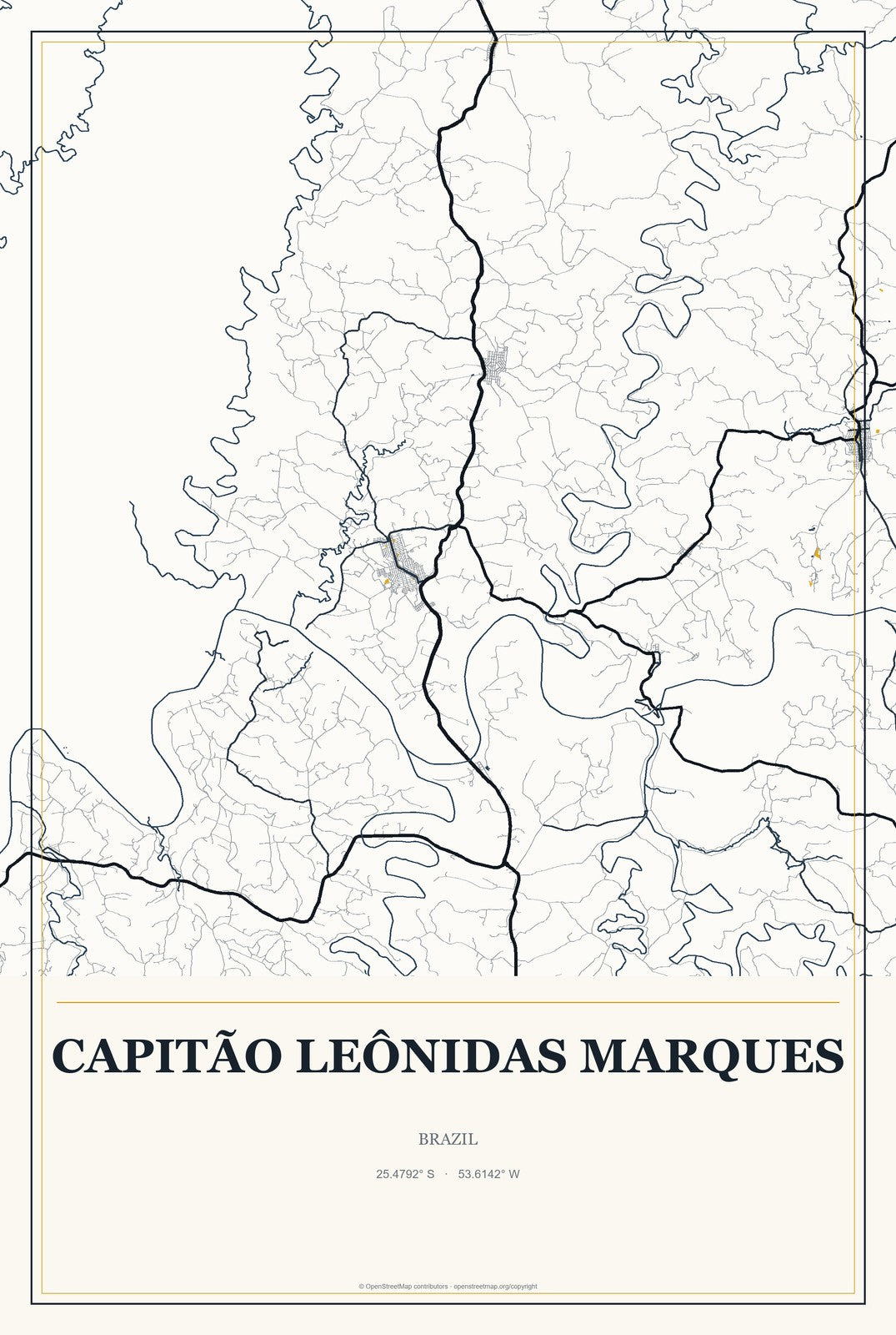 Capitão Leônidas Marques, Brazil City Map Aluminum Sign in Citrine Modern style