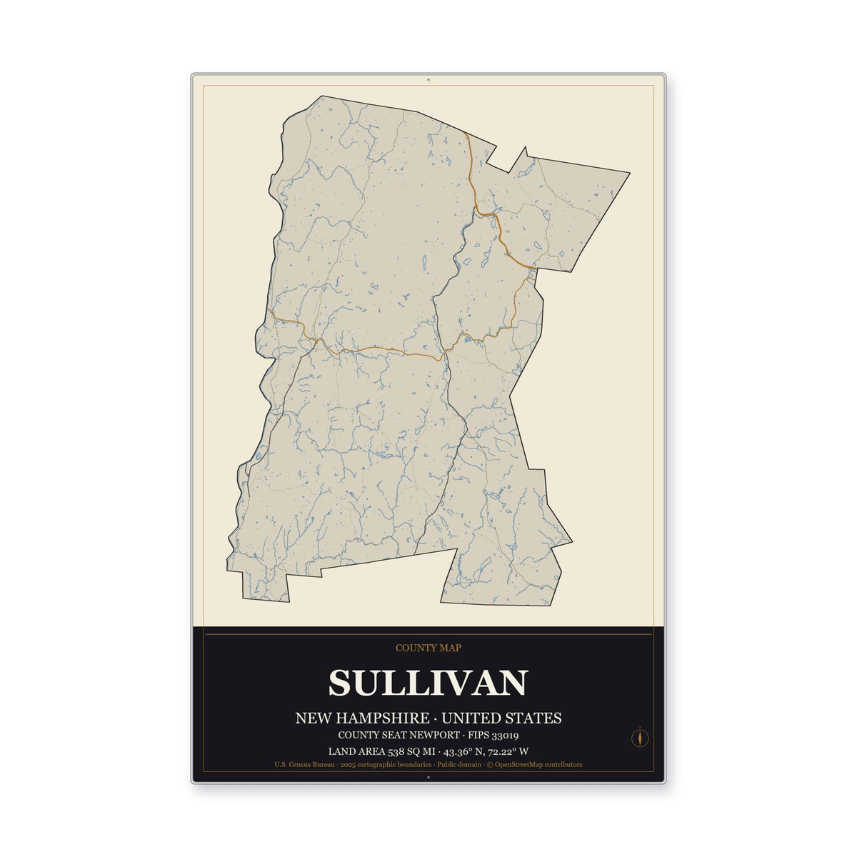 Sullivan County, New Hampshire Map Aluminum Sign in Museum Plaque style