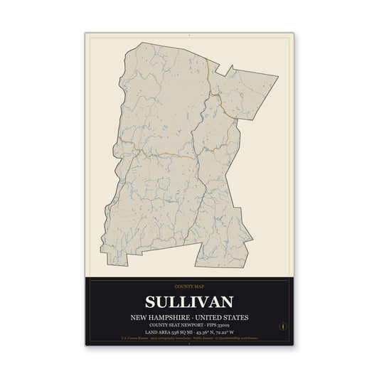 Sullivan County, New Hampshire Map Aluminum Sign in Museum Plaque style