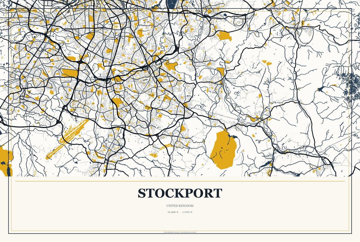 Stockport, United Kingdom City Map Aluminum Sign in Citrine Modern style