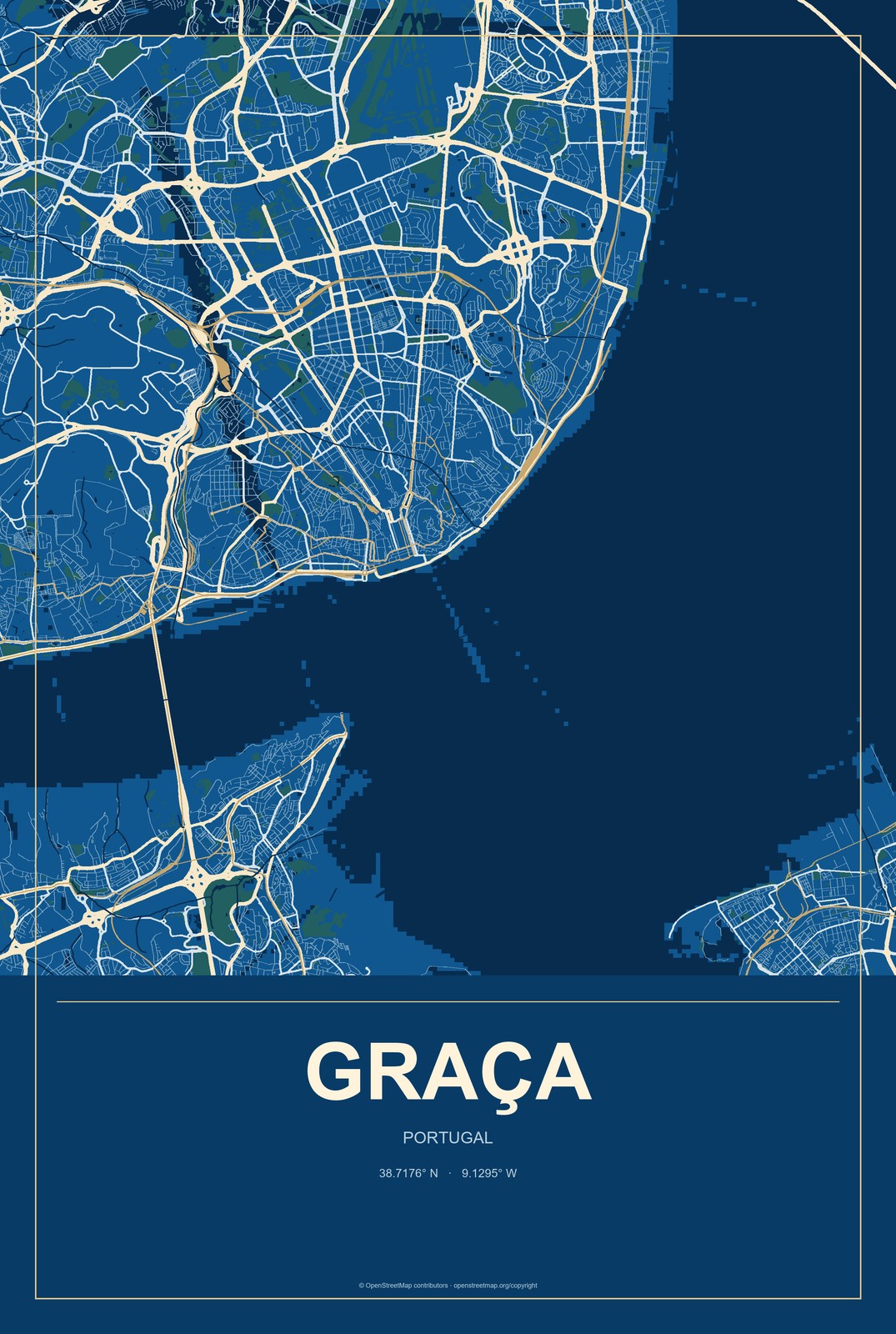Graça, Portugal City Map Aluminum Sign in Harbor Cobalt style
