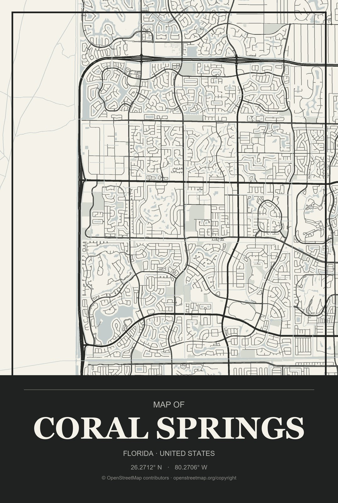 Coral Springs, Florida City Map Aluminum Sign in Museum Plaque style