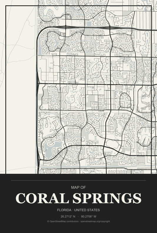 Coral Springs, Florida City Map Aluminum Sign in Museum Plaque style