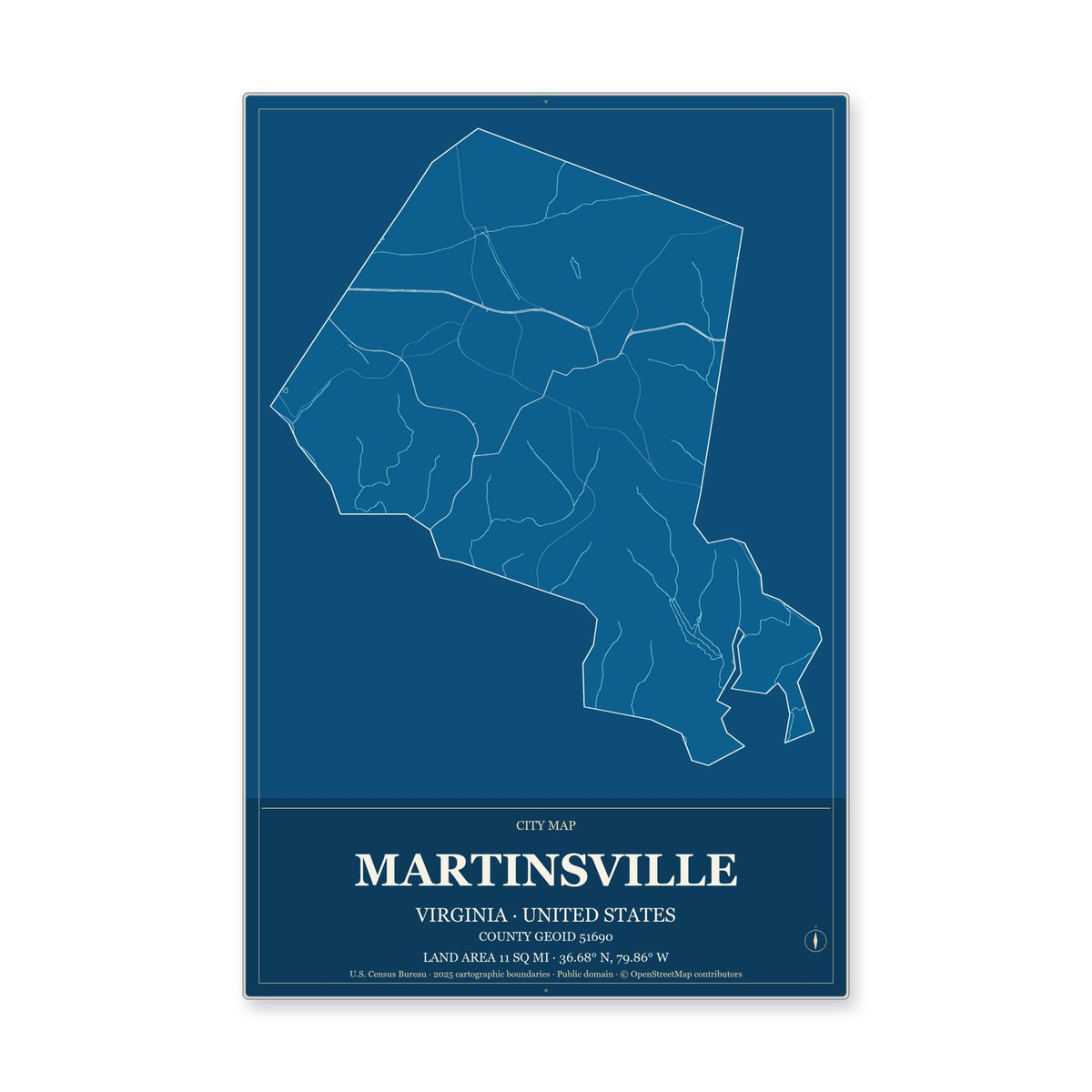 Martinsville city, Virginia Map Aluminum Sign in Harbor Cobalt style