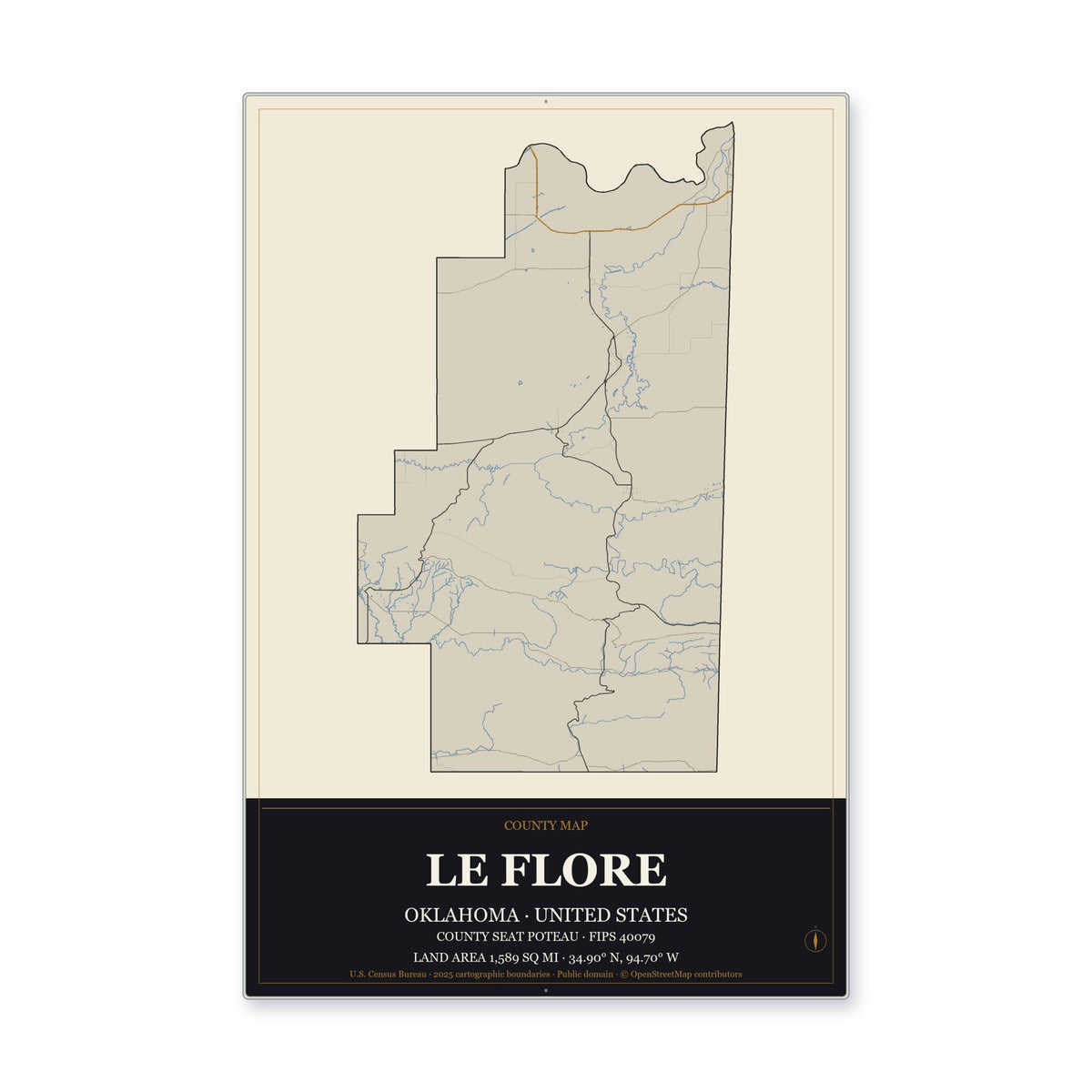 Le Flore County, Oklahoma Map Aluminum Sign in Museum Plaque style