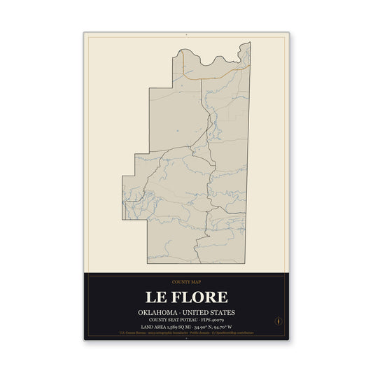 Le Flore County, Oklahoma Map Aluminum Sign in Museum Plaque style