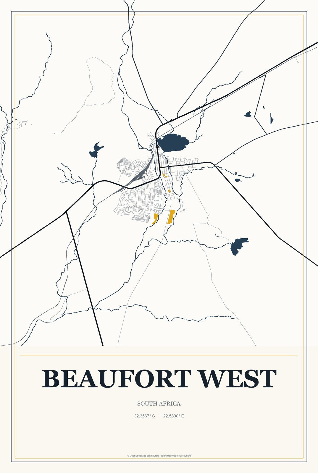 Beaufort West, South Africa City Map Aluminum Sign in Citrine Modern style