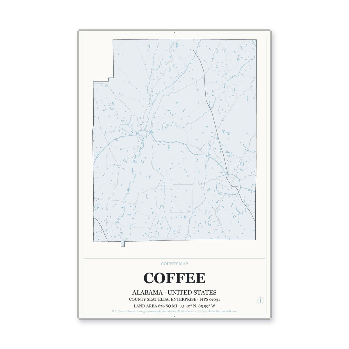 Coffee County, Alabama Map Aluminum Sign in Gallery Air style