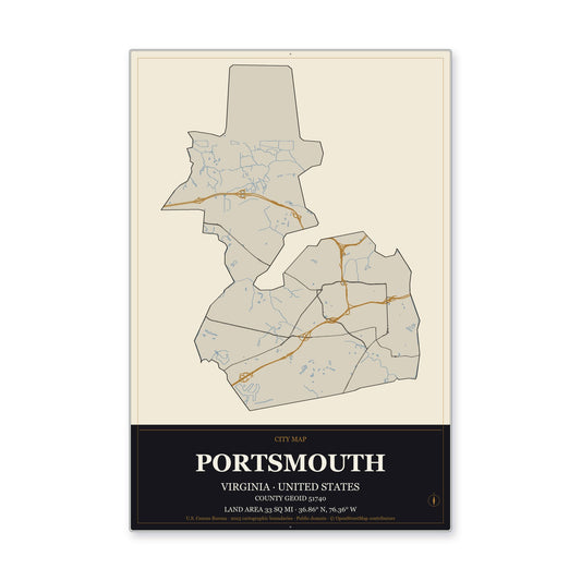 Portsmouth city, Virginia Map Aluminum Sign in Museum Plaque style