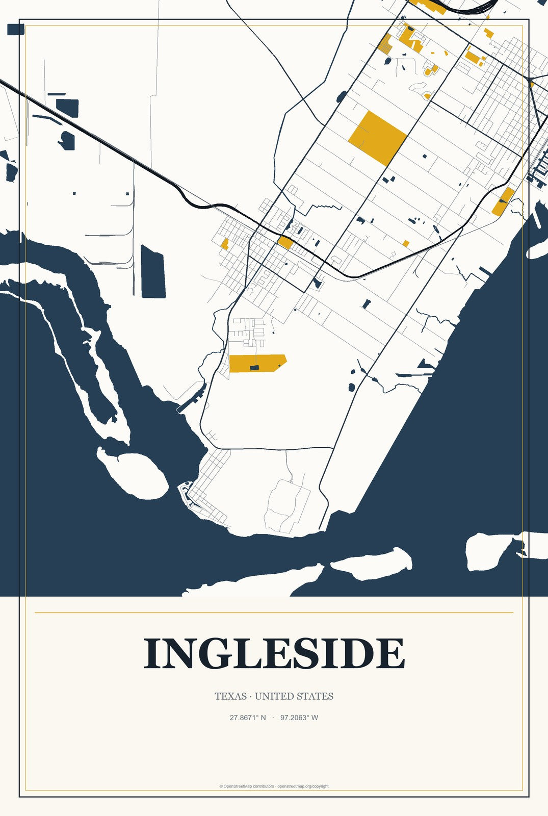 Ingleside, Texas City Map Aluminum Sign in Citrine Modern style