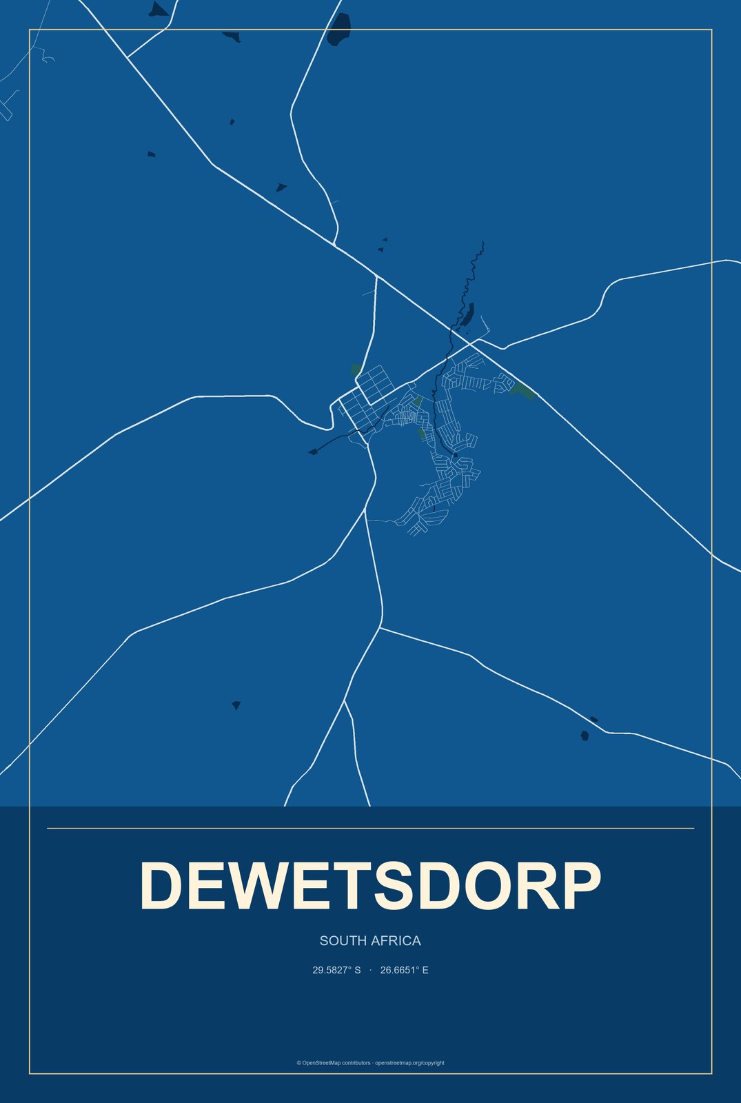 Dewetsdorp, South Africa City Map Aluminum Sign in Harbor Cobalt style