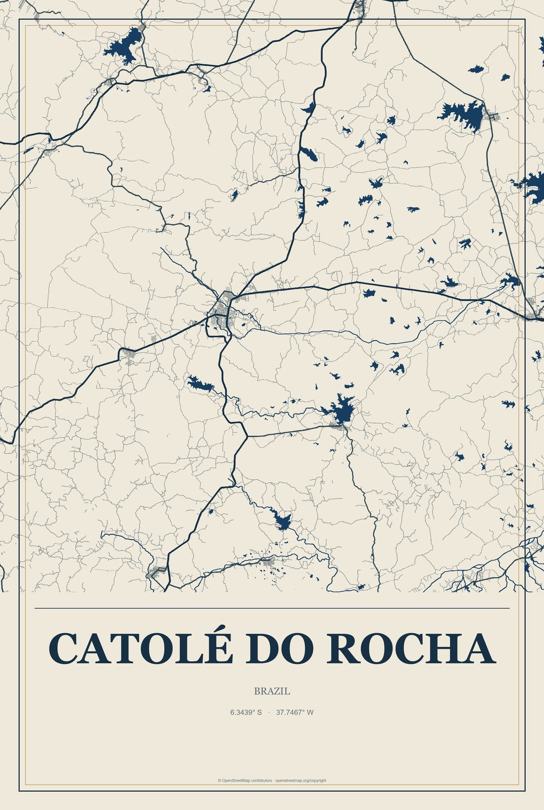 Catolé do Rocha, Brazil City Map Aluminum Sign in Coastal Cutout style