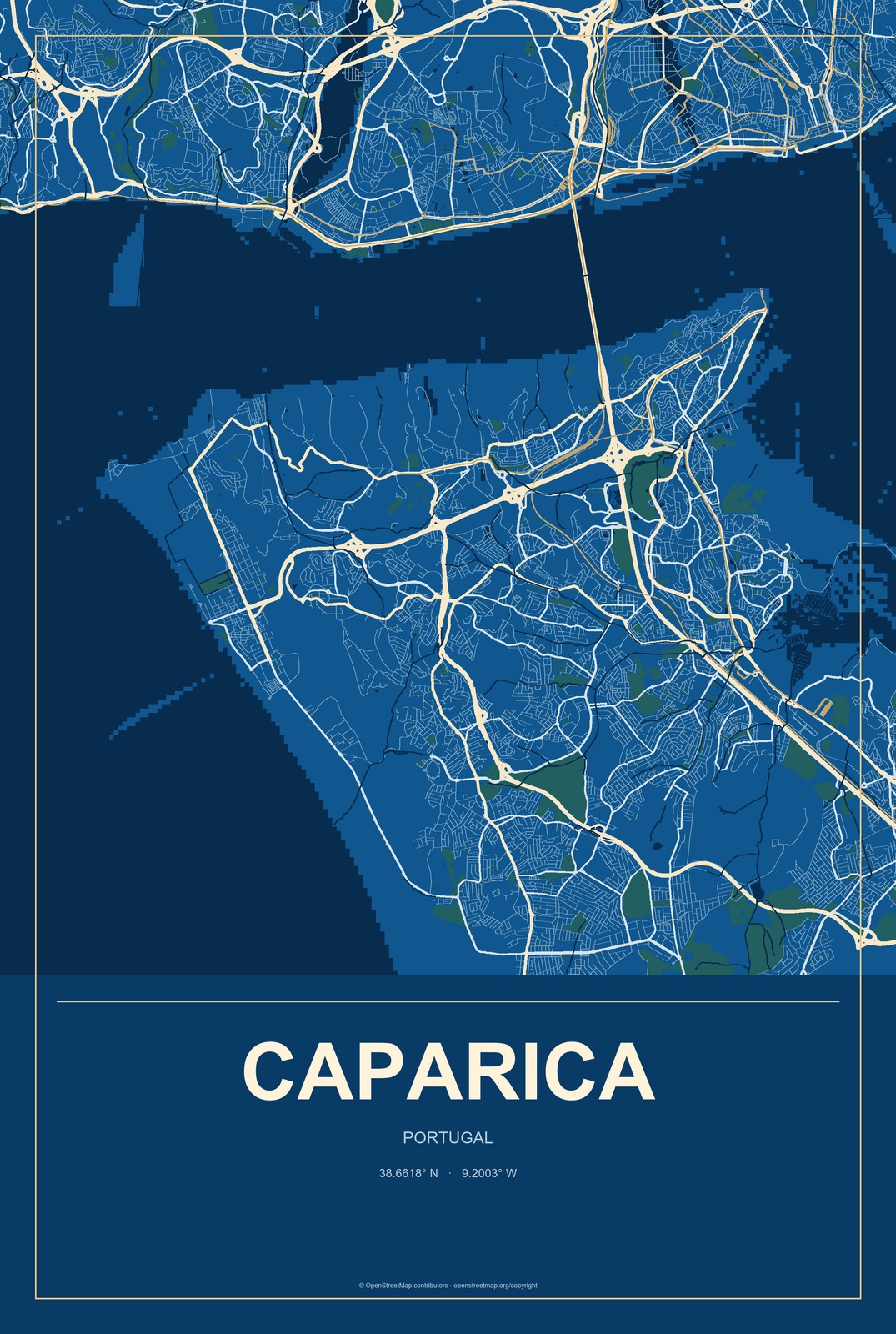 Caparica, Portugal City Map Aluminum Sign in Harbor Cobalt style