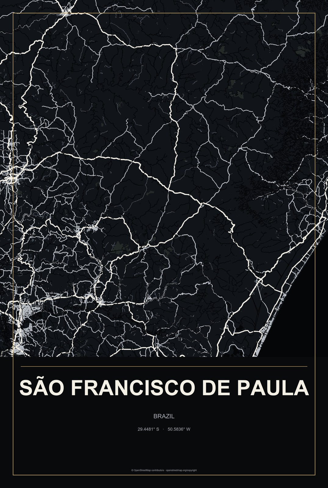 São Francisco de Paula, Brazil City Map Aluminum Sign in Metropolitan Noir style