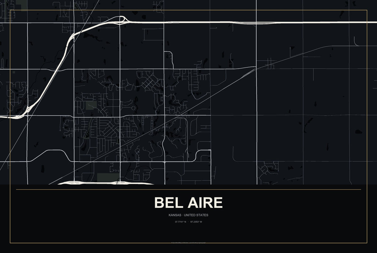 Bel Aire, Kansas City Map Aluminum Sign in Metropolitan Noir style