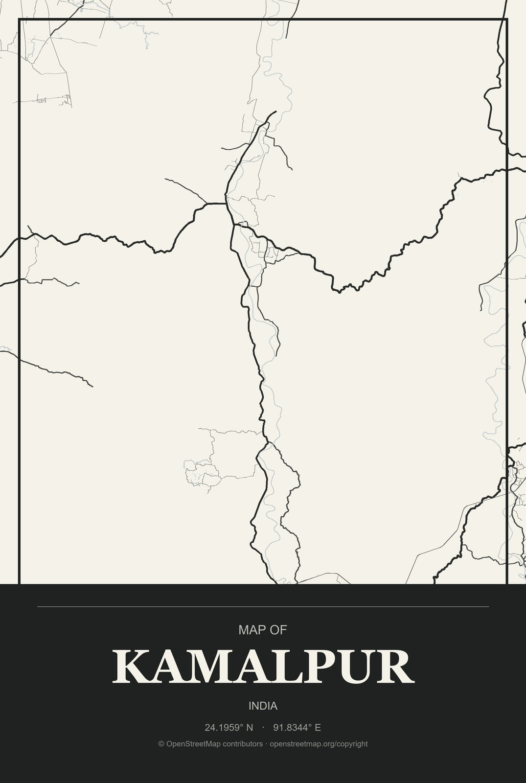 Kamalpur, India City Map Aluminum Sign in Museum Plaque style