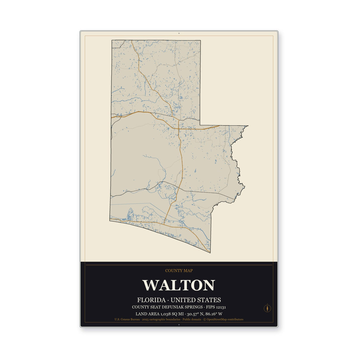 Walton County, Florida Map Aluminum Sign in Museum Plaque style