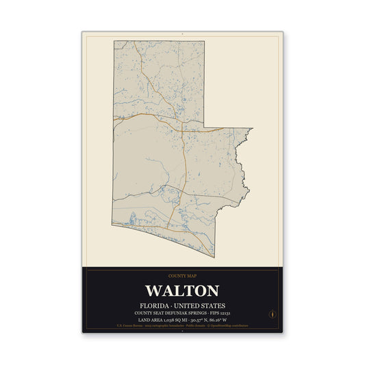 Walton County, Florida Map Aluminum Sign in Museum Plaque style