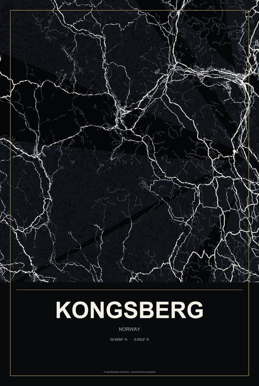 Kongsberg, Norway City Map Aluminum Sign in Metropolitan Noir style