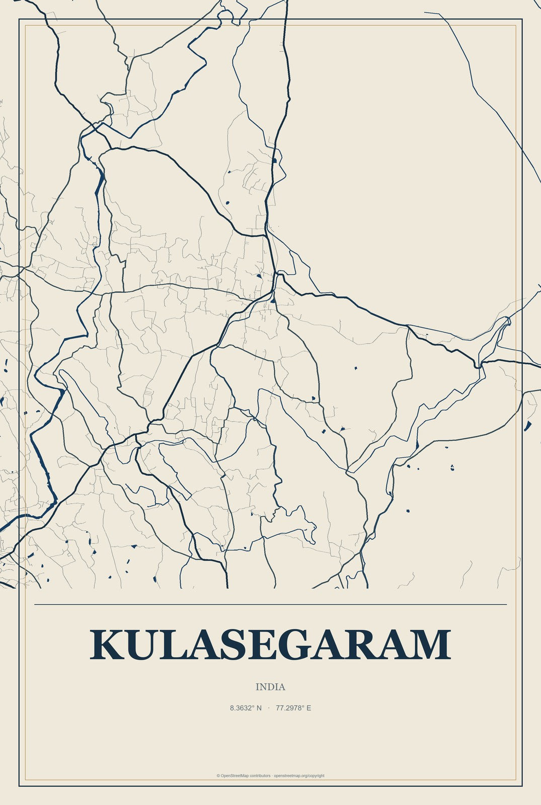 Kulasegaram, India City Map Aluminum Sign in Coastal Cutout style