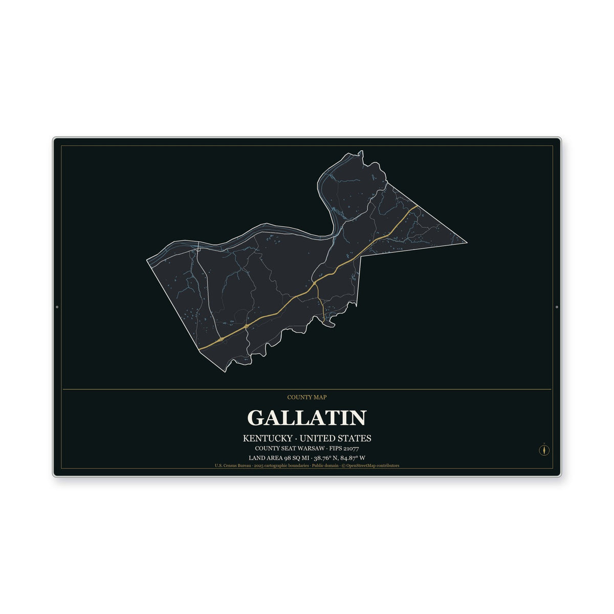 Gallatin County, Kentucky Map Aluminum Sign in Metropolitan Noir style