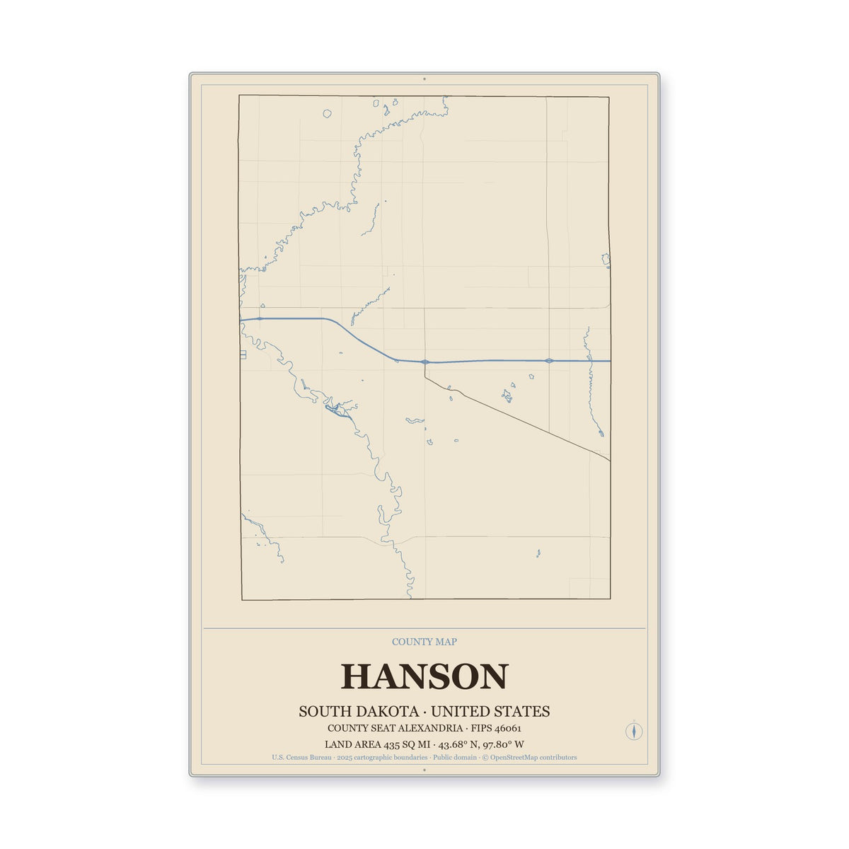 Hanson County, South Dakota Map Aluminum Sign in Heritage Nautical style