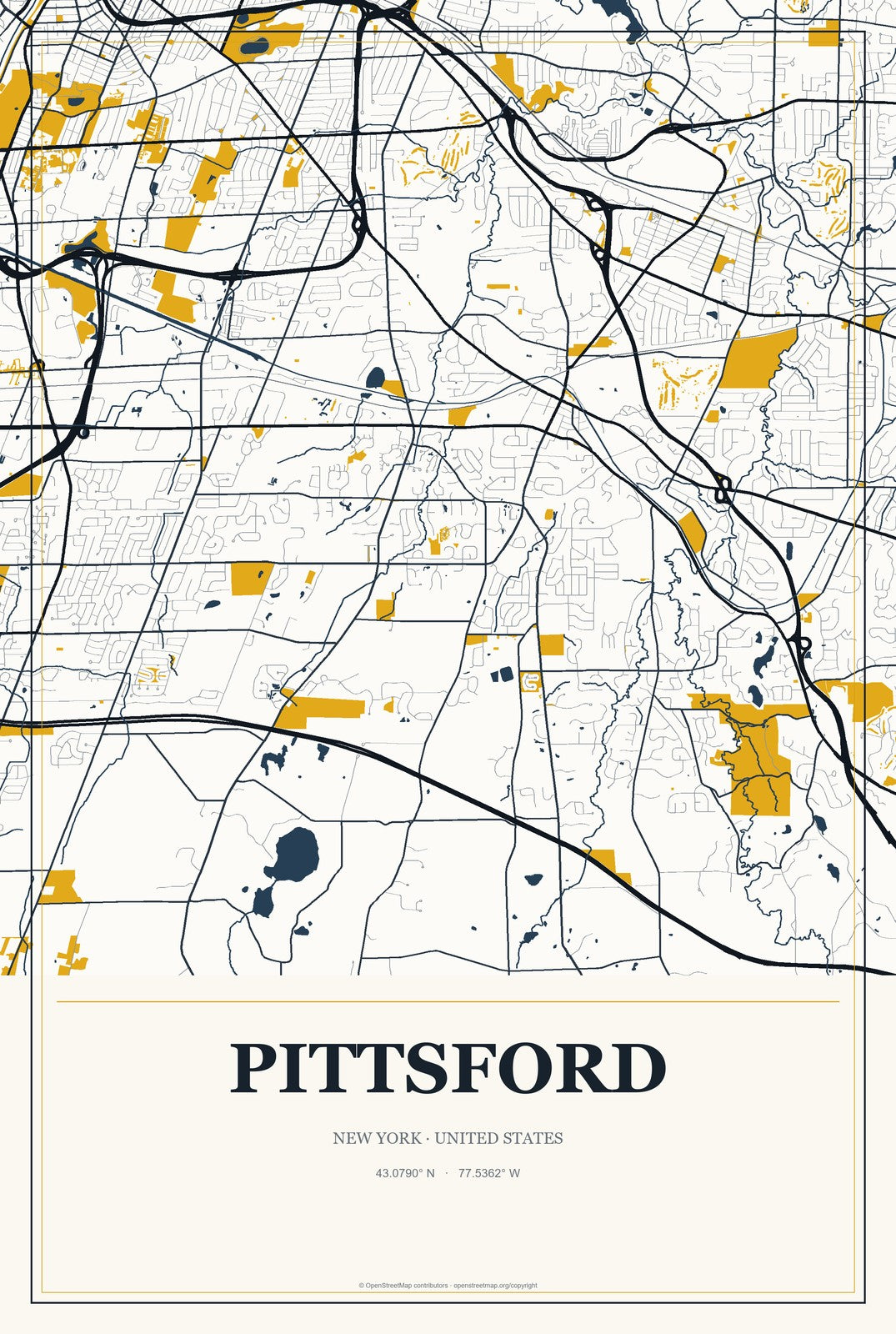Pittsford, New York City Map Aluminum Sign in Citrine Modern style