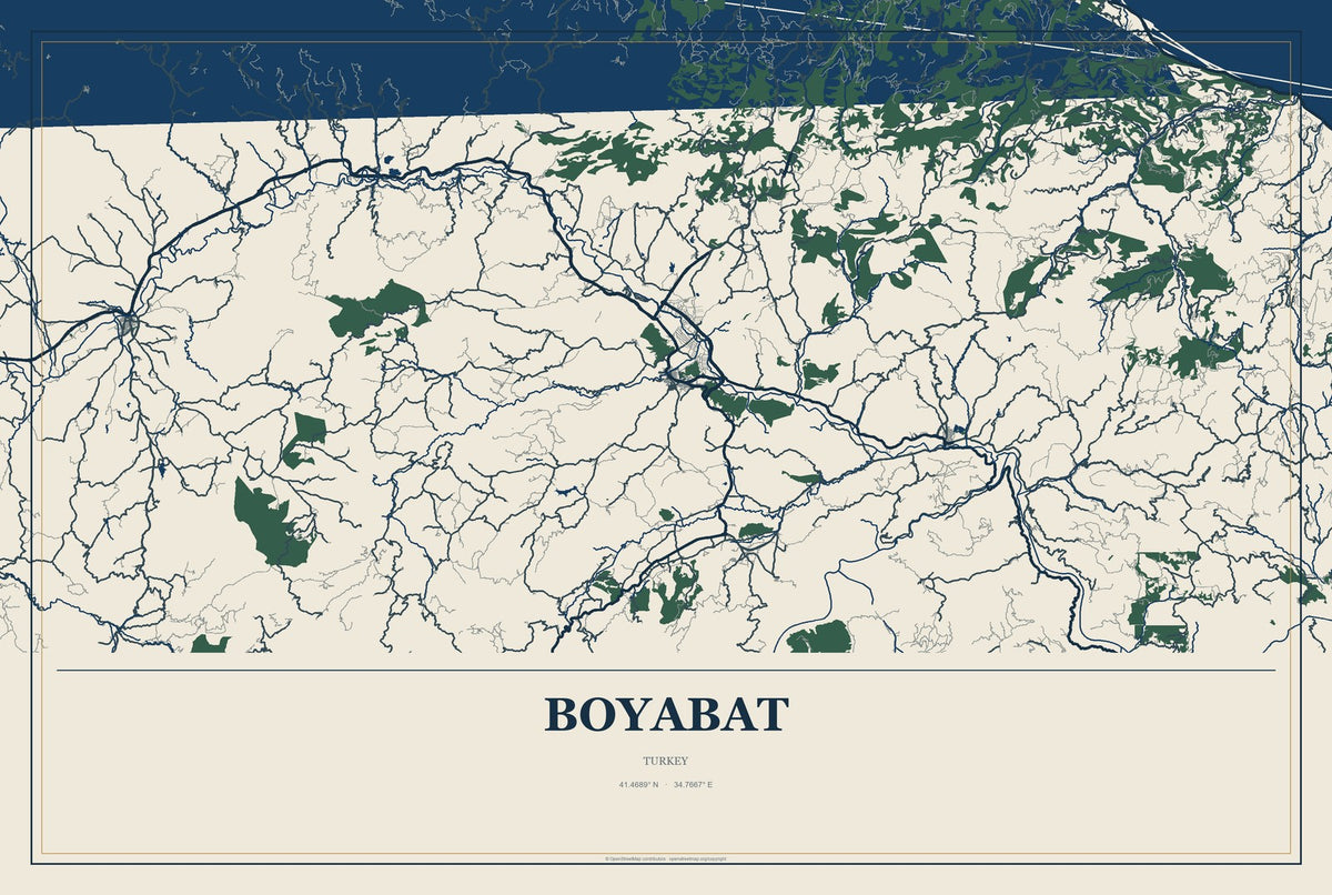 Boyabat, Turkey City Map Aluminum Sign in Coastal Cutout style
