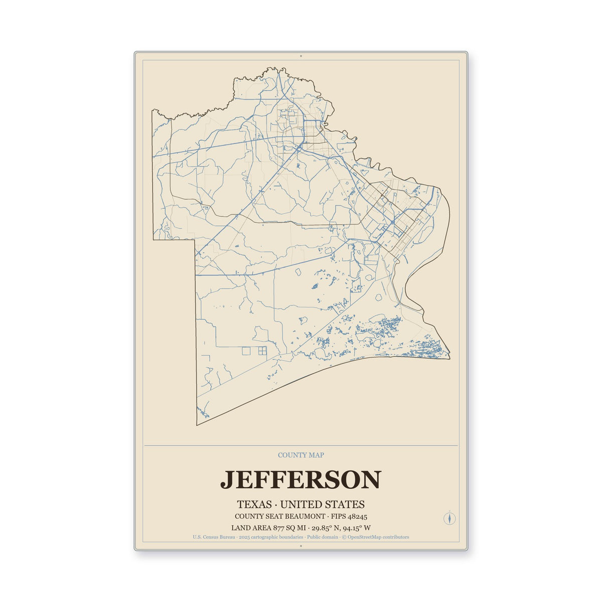 Jefferson County, Texas Map Aluminum Sign in Heritage Nautical style