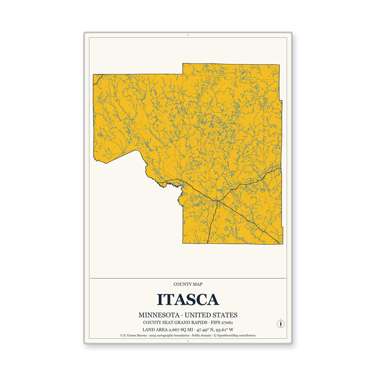 Itasca County, Minnesota Map Aluminum Sign in Citrine Modern style