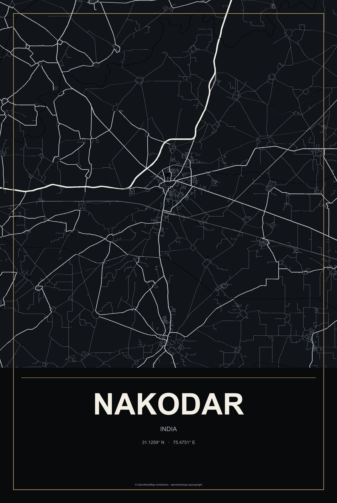 Nakodar, India City Map Aluminum Sign in Metropolitan Noir style