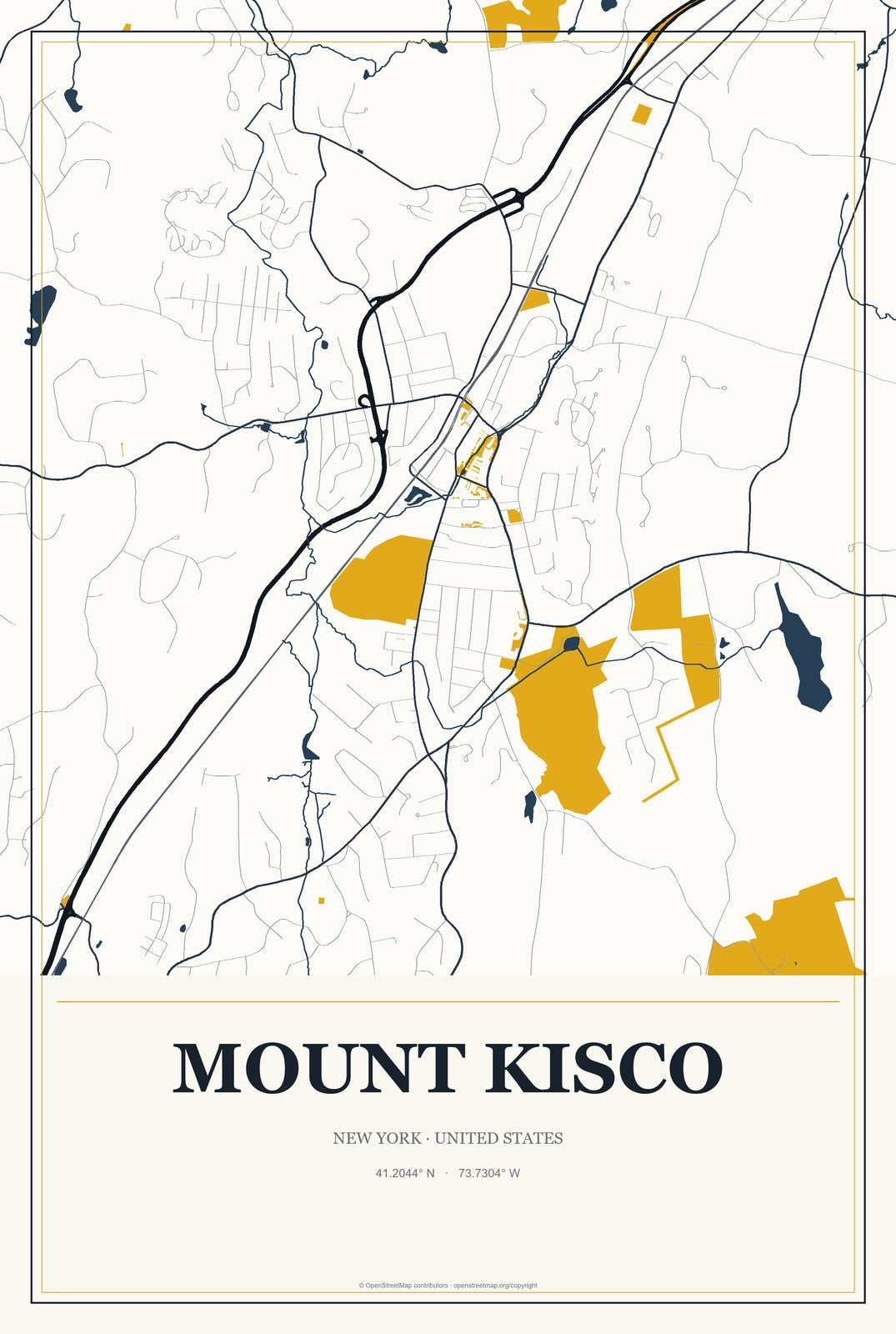 Mount Kisco, New York City Map Aluminum Sign in Citrine Modern style