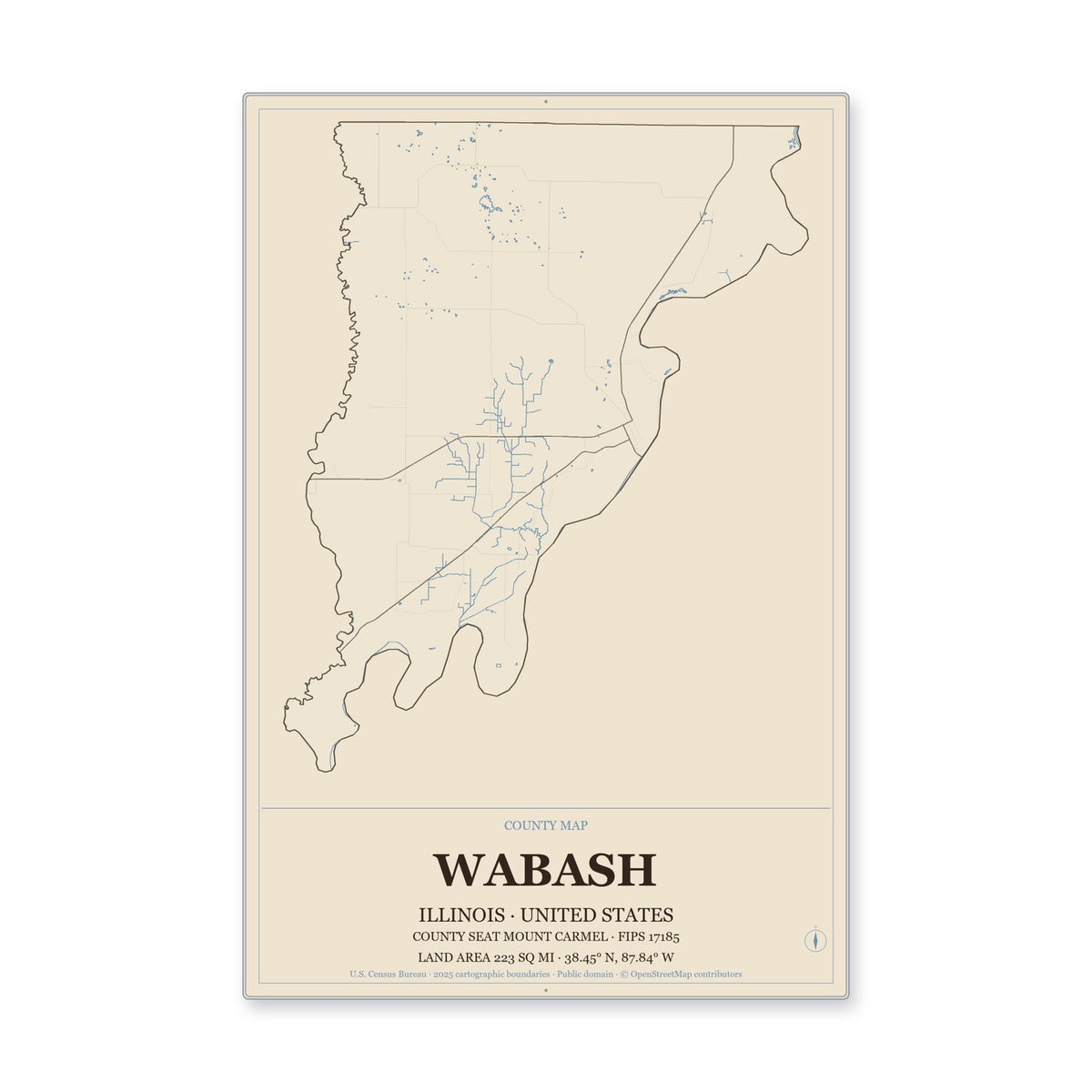 Wabash County, Illinois Map Aluminum Sign in Heritage Nautical style